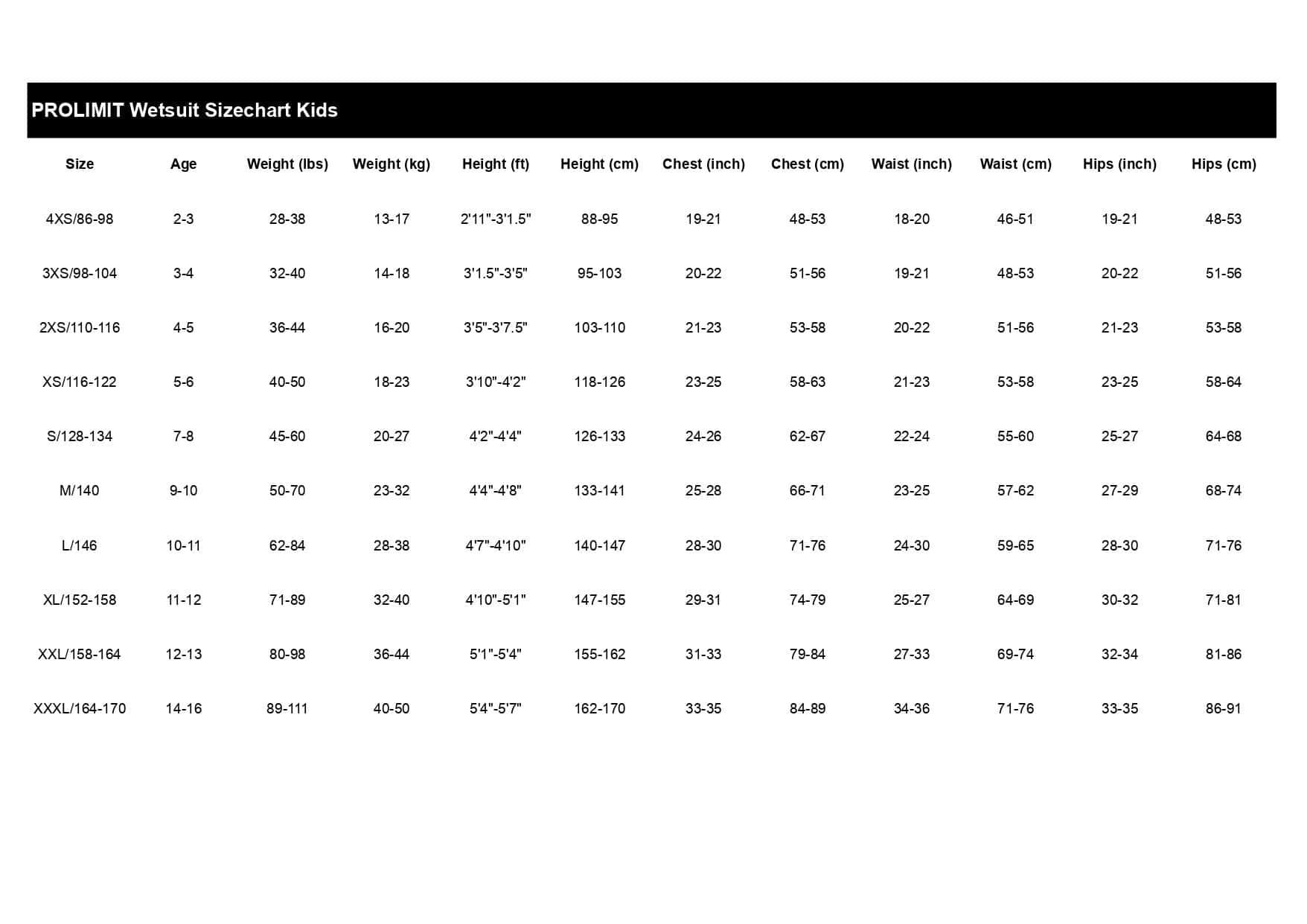 Size table